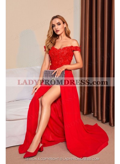 A Line Red Off Shoulder Side Slit Chiffon Long Prom Dresses 2023