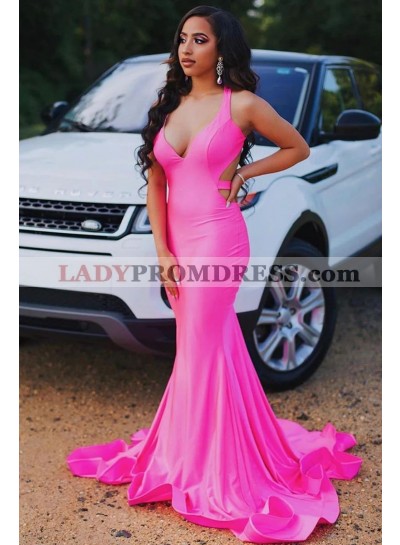 2023 Trumpet/Mermaid Silk Like Satin V-neck Sleeveless Sweep/Brush Train Prom Dresses