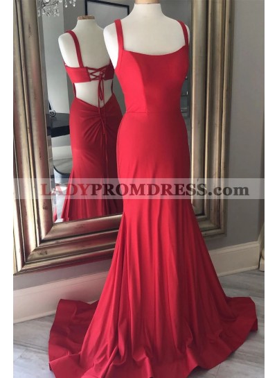 2023 Sheath/Column Satin Square Neck Sleeveless Sweep/Brush Train Prom Dresses