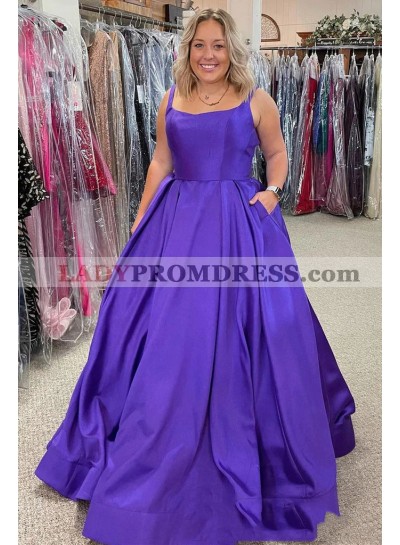 2023 Ball Gown Satin Square Neck Sleeveless Sweep/Brush Train Plus Size Prom Dresses 