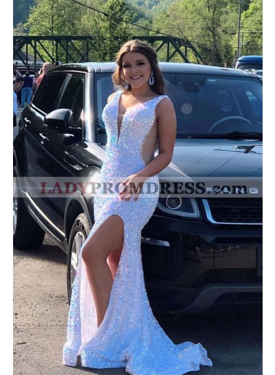 Sheath/Column Sequins V-neck Sleeveless Sweep/Brush Train Prom Dresses