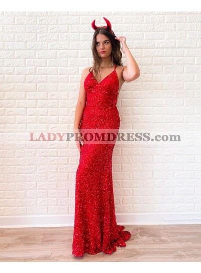 Sheath/Column Sequins Spaghetti Sleeveless Floor-Length Prom Dresses