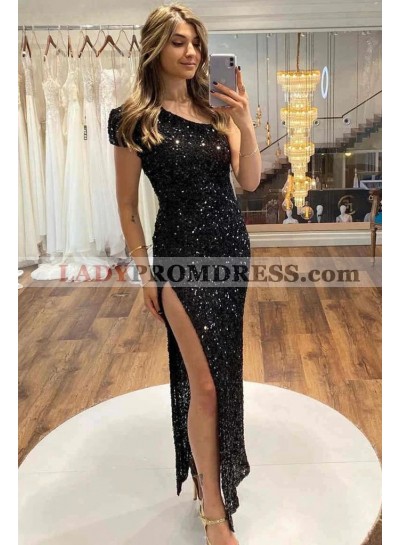 2023 Sheath/Column Sequins One-Shoulder Sleeveless Tea-Length Prom Dresses