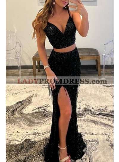 2023 Sheath/Column Sequins Spaghetti Straps Sleeveless Two Pieces  Floor-Length Prom Dresses