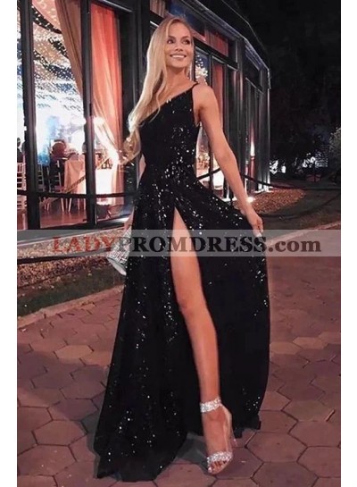 2023 Sheath/Column Sequins One-Shoulder Sleeveless Sweep/Brush Train Prom Dresses