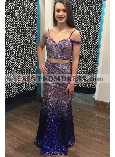 2023 Sheath/Column Sequins off-the-Shoulder Two Pieces Sleeveless Floor-Length Prom Dresses 