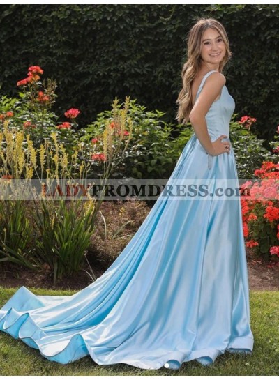 2023 A-Line Princess Silk Like Satin Sleeveless Sweep/Brush Train Prom Dresses 