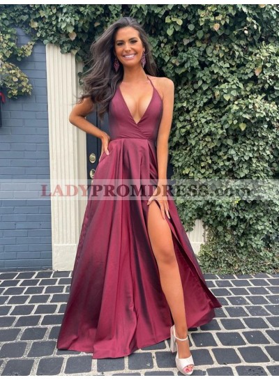 2023 A-Line Princess Satin V-neck Ruched Sleeveless Sweep/Brush Train Prom Dresses