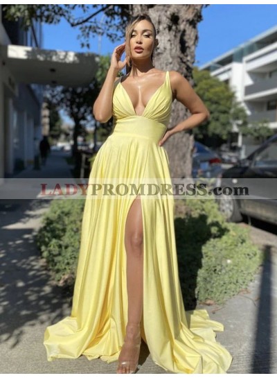 2023 A-Line Princess Silk Like Satin Ruched V-neck Sleeveless Sweep/Brush Train Prom Dresses