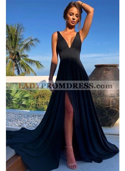 2023 A-Line Princess Satin V-neck Ruched Sleeveless Sweep/Brush Train Prom Dresses