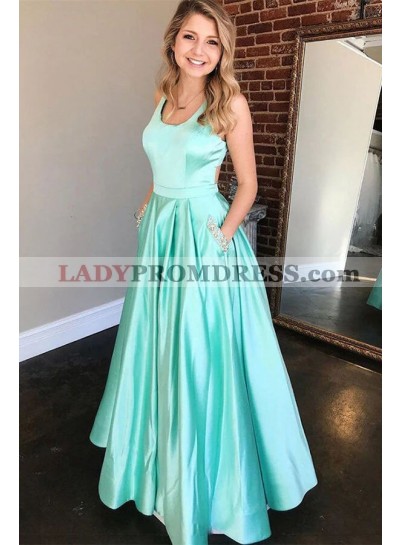 2023 A-Line Princess Silk Like Satin Square Neck Sleeveless Sweep/Brush Train Prom Dresses 