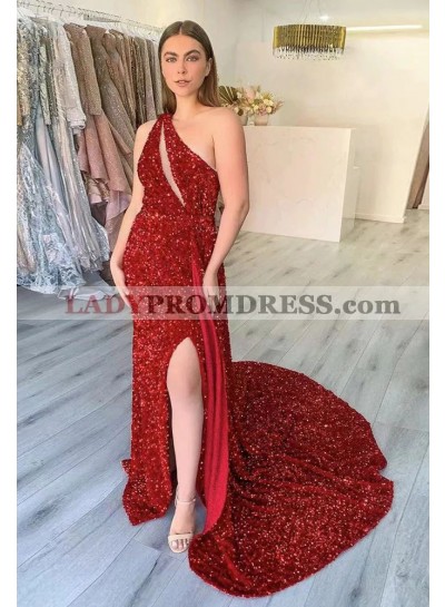 2023 Sheath/Column Sequins One-Shoulder Sleeveless Sweep/Brush Train Prom Dresses