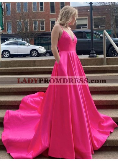 2023 A-Line Princess Silk Like Satin Spaghetti Straps Sleeveless Sweep/Brush Train Prom Dresses 
