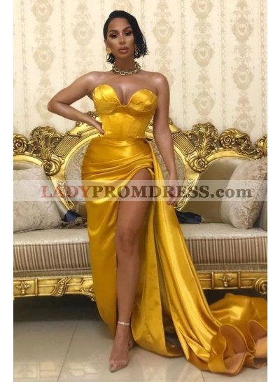 2023 Sheath/Column Silk Like Satin Sweetheart Sleeveless Sweep/Brush Train Prom Dresses