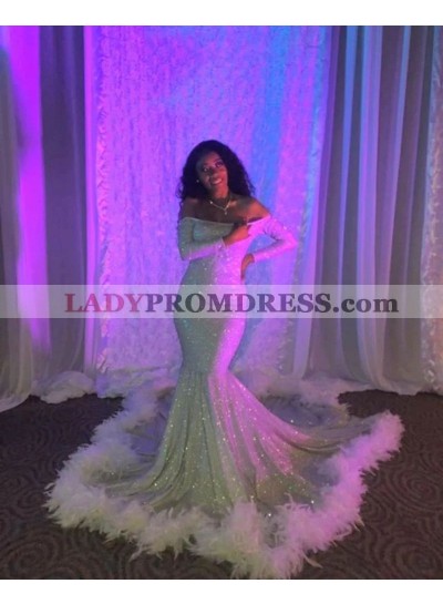 2023 Trumpet/Mermaid Sequins Off-the-Shoulder Long Sleeves Sweep/Brush Train Prom Dresses