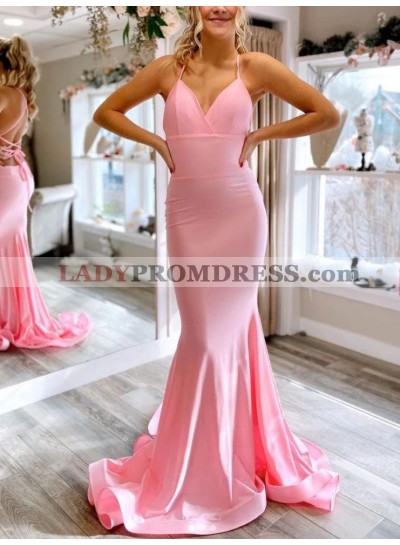 2023 Trumpet/Mermaid Satin Halter Sleeveless Sweep/Brush Train Prom Dresses