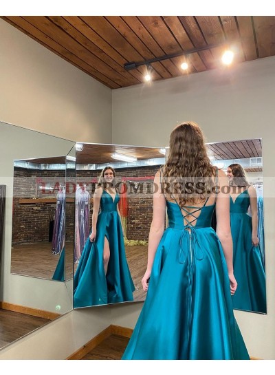 2023 A-Line Princess Silk Like Satin V-neck Sleeveless Sweep/Brush Train Prom Dresses