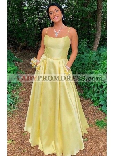 2023 A-Line Princess Silk Like Satin Spaghetti Straps Sleeveless Sweep/Brush Train Prom Dresses 