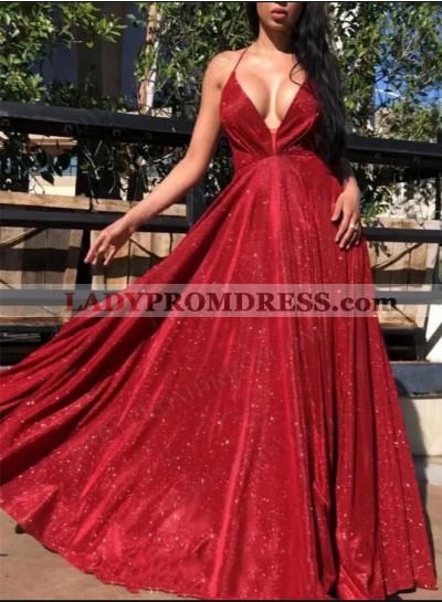 A-Line Princess Sequins Deep V-neck Lace up Sweep/Brush Train Prom Dresses