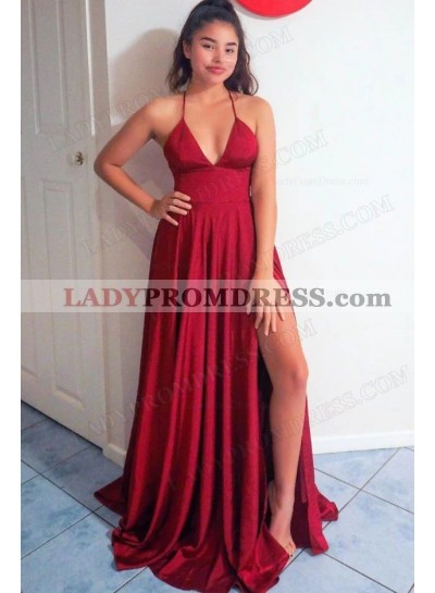 A-Line Princess Satin Halter Ruched Sleeveless Sweep/Brush Train Prom Dresses