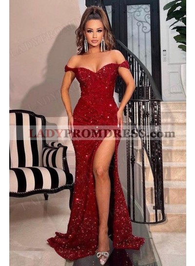 Sheath/Column Sequins Off the Shoulder Ruched Sweep/Brush Train Prom Dresses