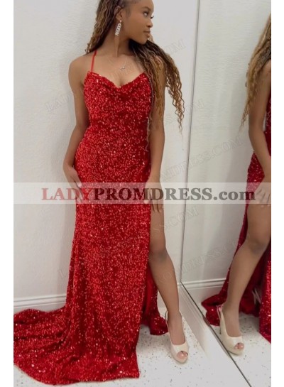 Sheath/Column Sequins Halter Sleeveless Sweep/Brush Train Prom Dresses