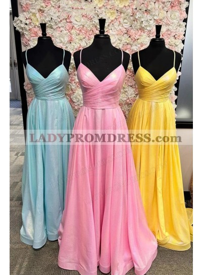 2023 A-Line Princess Satin V-neck Ruched Floor-Length Prom Dresses