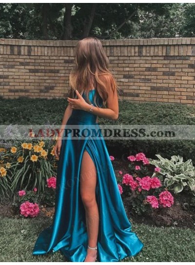 2023 A-Line Princess Silk Like Satin Sleeveless Sweep/Brush Train Prom Dresses