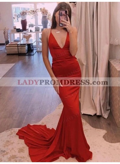 2023 Mermaid/Trumpet Satin V-neck Sweep/Brush Train Prom Dresses 