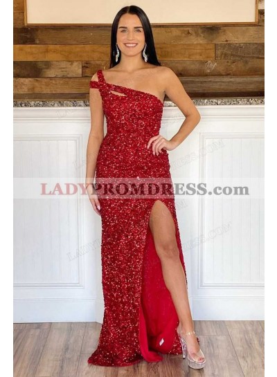 Sheath/Column Sequins One Shoulder Sleeveless Floor-Length Prom Dresses