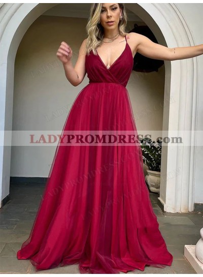 2023 A-Line Princess Tulle V-neck Sleeveless Sweep/Brush Train Prom Dresses