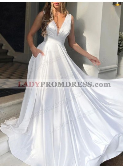 2023 A-Line Princess Silk Like Satin V-neck Sweep/Brush Train Prom Dresses