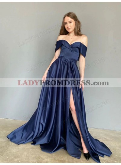 2023 Silk Like Satin A-Line Princess Off the Shoulder Sweep/Brush Train Prom Dresses