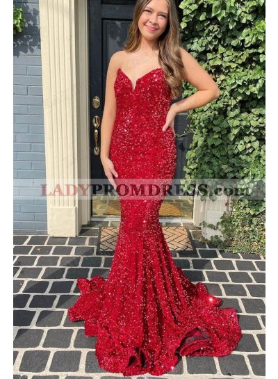 Trumpet/Mermaid Sequins Sweetheart Sleeveless Sweep/Brush Train Prom Dresses 2023