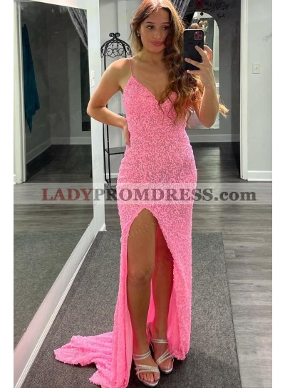 Sheath/Column Sequins Spaghetti Straps Sweep/Brush Train 2023 Prom Dresses