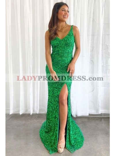 Sheath/Column Spaghetti Straps Sequins Lace Up Sweep/Brush Train Prom Dresses