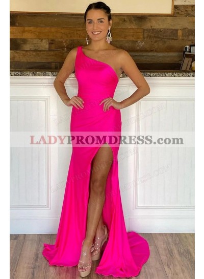 Sheath/Column Satin One Shoulder Backless Sweep/Brush Train Prom Dresses