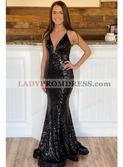 Sheath/Column 2023 Sequins V-neck Sleeveless Sweep/Brush Train Prom Dresses