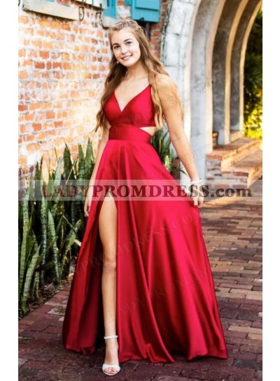 2023 A-Line Princess Satin V-neck Sleeveless Sweep/Brush Train Prom Dresses