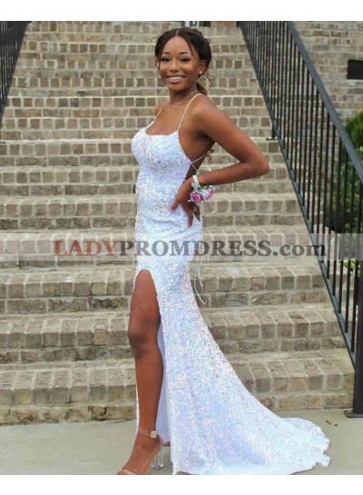 2023 Sheath/Column Sequins Spaghetti Straps Sleeveless Sweep/Brush Train Prom Dresses