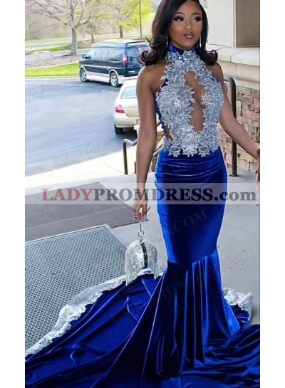 Mermaid Velvet High Neck Applique Sleeveless Sweep Train Prom Dresses
