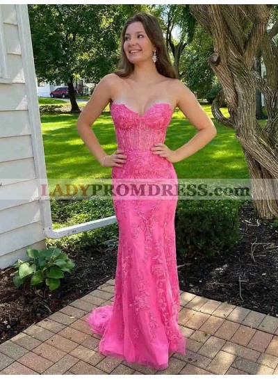 2023 Sheath Sweetheart Sleeveless Applique Sweep Train Prom Dresses