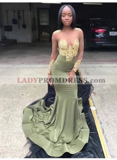 Sheath Satin Crew Neck Applique Long Sleeves Sweep Train Prom Dresses