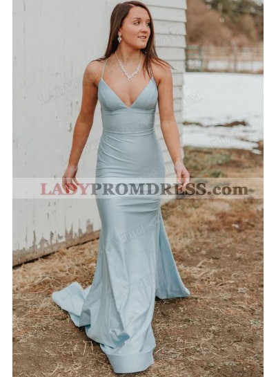 2023 Sheath Satin Spaghetti Straps Sleeveless Sweep Train Prom Dresses