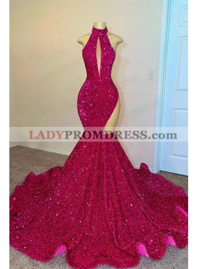 2023 Sheath Halter Sequins Sleeveless Sweep Train Prom Dresses