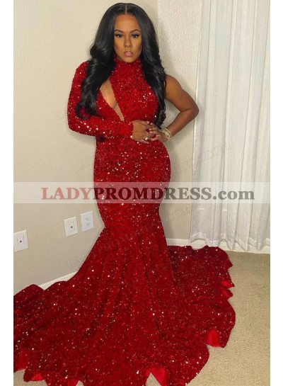 2023 Mermaid Sequins One Shoulder Long Sleeve Sweep Train Prom Dresses