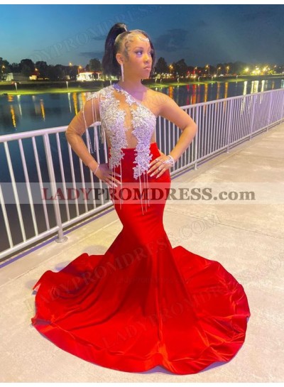 2023 Trumpet Elastic Satin One Shoulder Applique Long Sleeve Sweep Train Prom Dresses