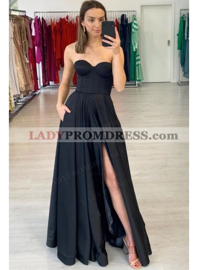 2023 A-Line Satin Sweetheart Sleeveless Floor-Length Prom Dresses 