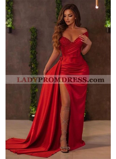 2023 Sheath Silk Like Satin Off the Shoulder Sleeveless Sweep Train Prom Dresses