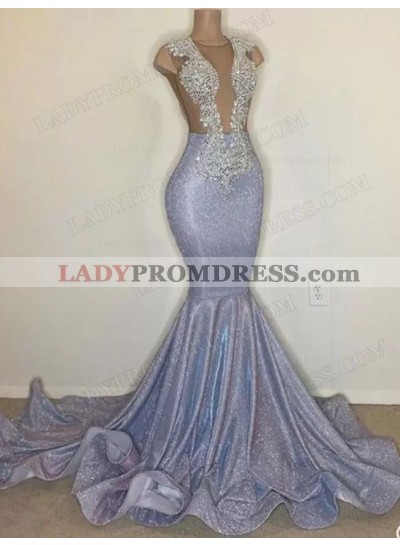2023 Mermaid Deep V-neck Sequins Applique Sleeveless Sweep Train Prom Dresses